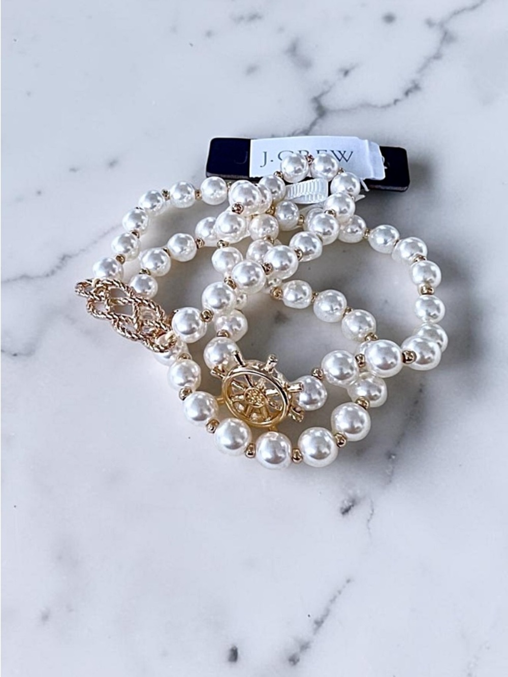 J. Crew Nautical Pearls 3 piece Beaded Bracelet Set with Gold Ship Charms